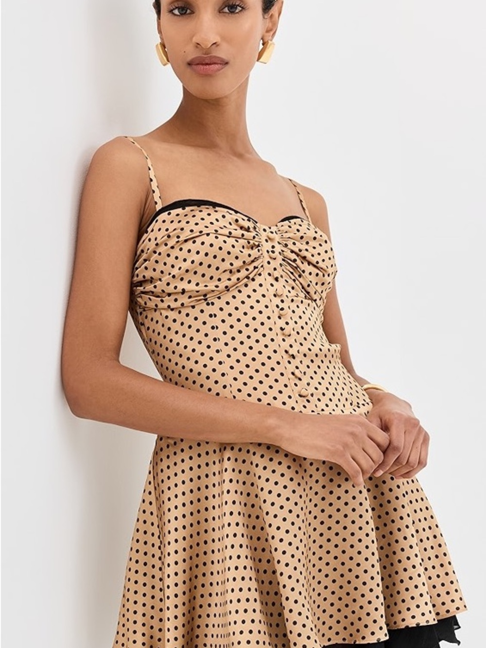 Reformation Polka Dot Tan and Black Spaghetti Strap Fit & Flare Mini Dress - Picture 2 of 5